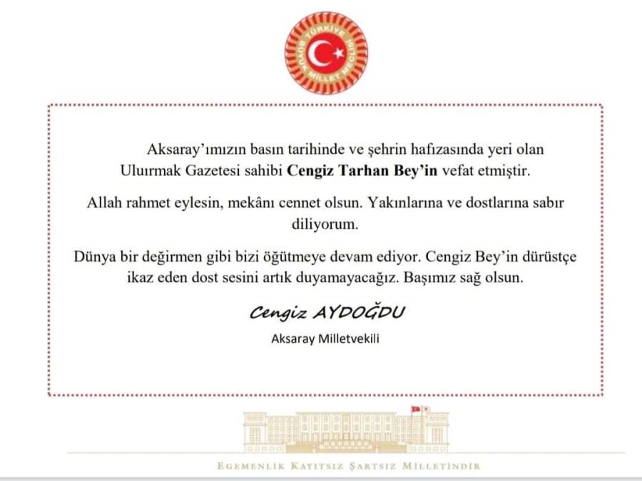Uluırmak Gazetesi sahibi Cengiz Tarhan Bey’in vefat etmiştir. 