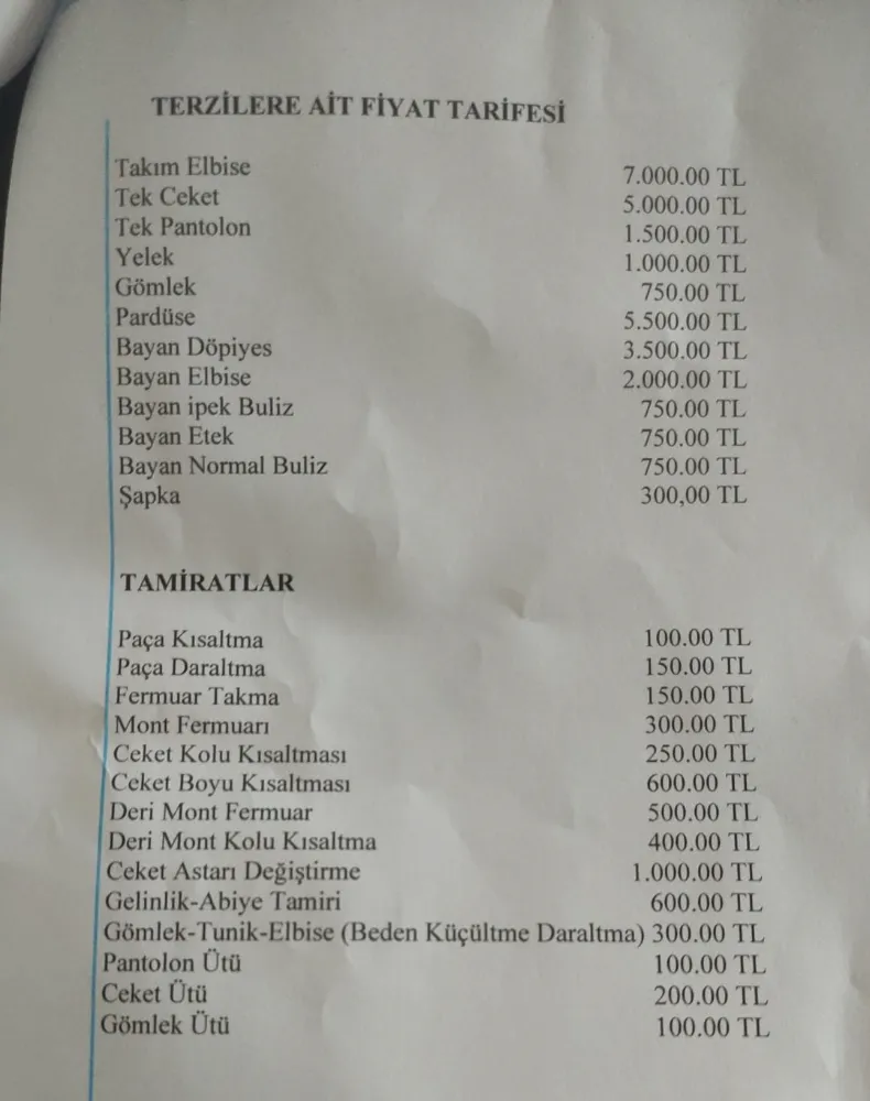 Aksaray terziler ve konfeksiyoncular ve trikotajcilar odası 2025 yılı terzilik fiyat listesini açıklandı